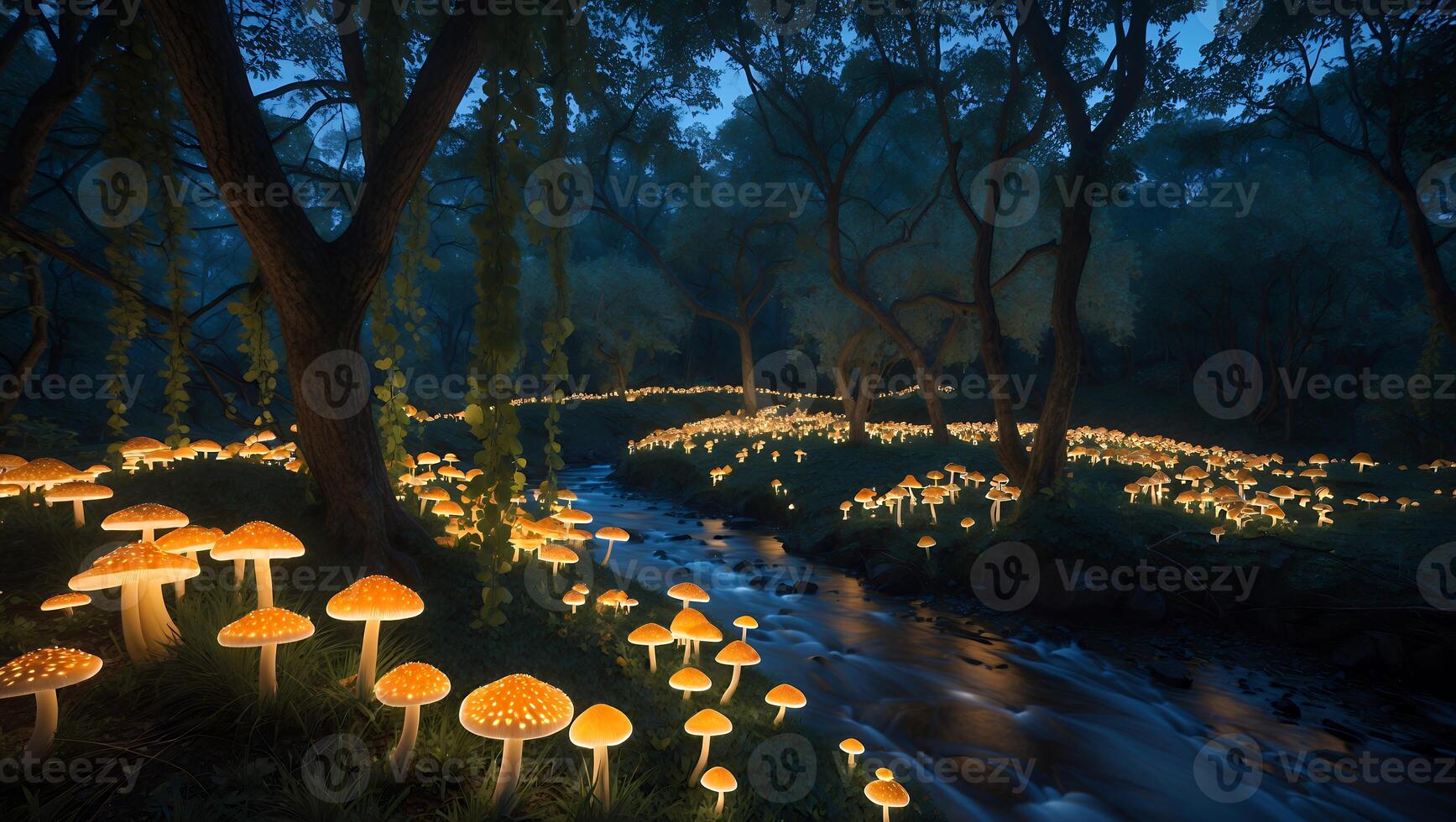 Glowing Mushrooms Illuminate a Stream in Enchanted Forest at Night photo