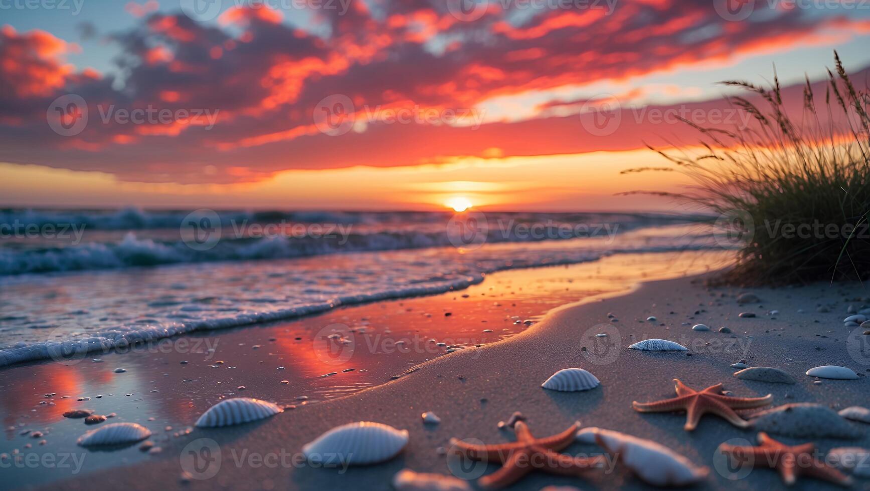 Seashells and Starfish on Sandy Beach at Sunset with Colorful Sky photo