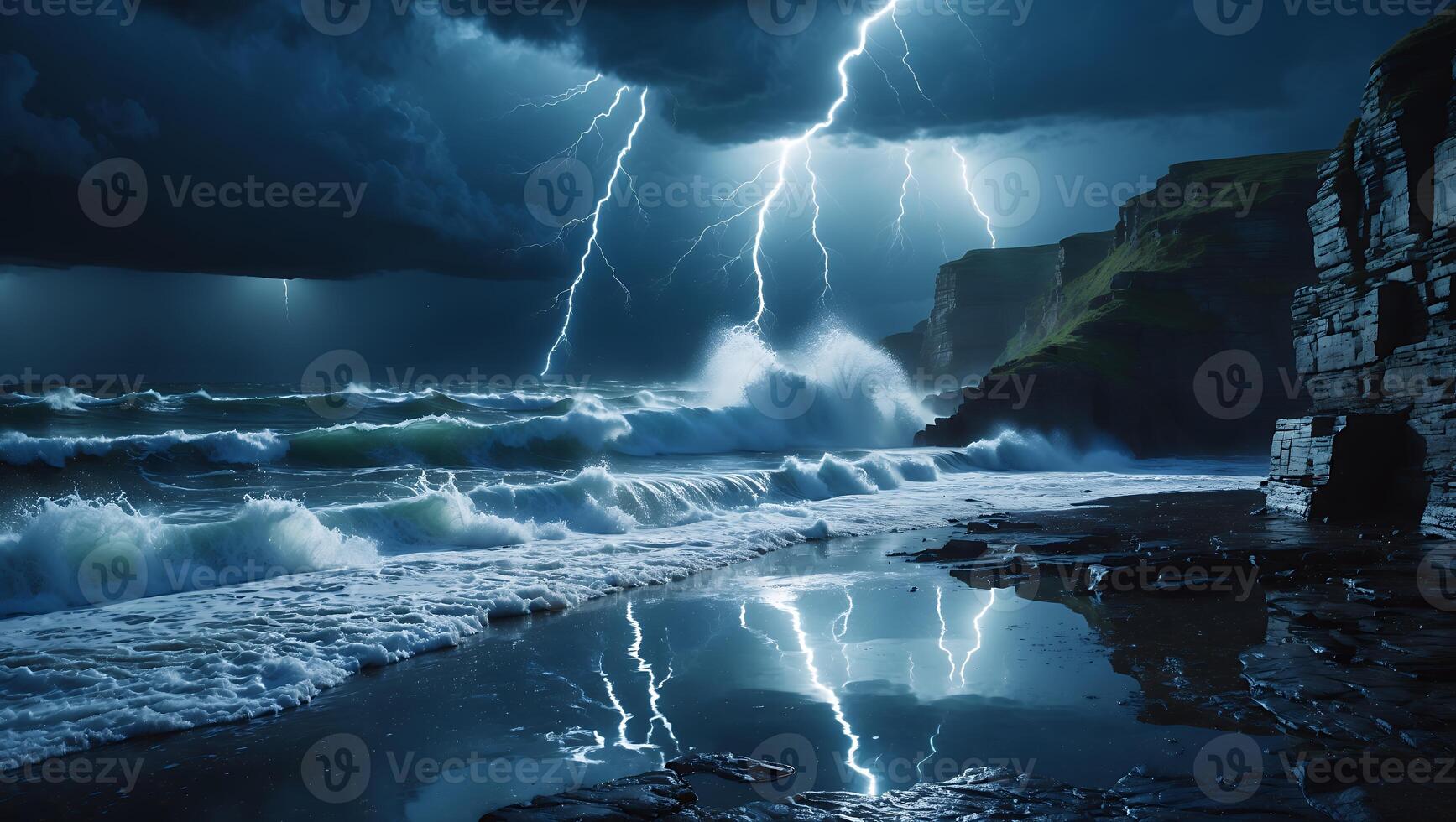 Lightning Strikes Over Ocean Waves Crashing on Shore Near Cliffs photo