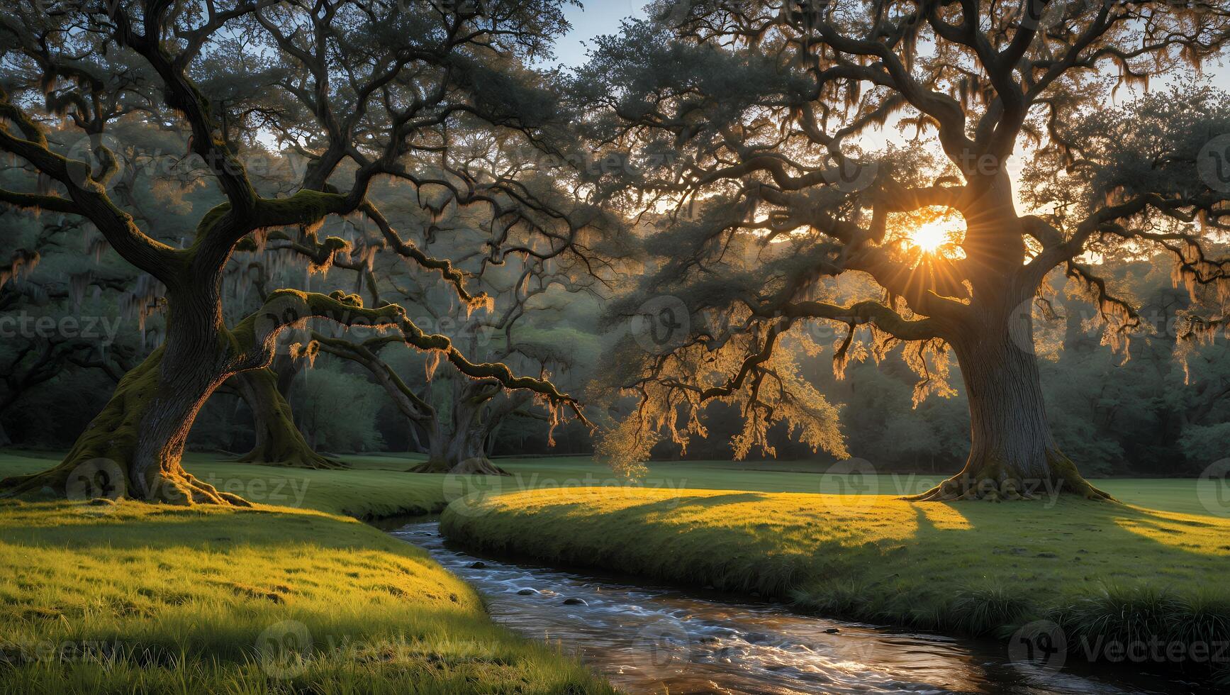 Flowing Creek Under Old Trees with Spanish Moss and Golden Light photo