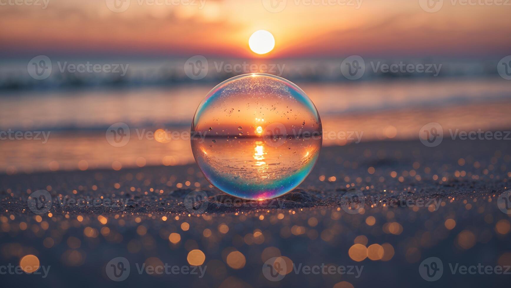 Reflecting Sunset Through Crystal Ball on the Beach at Dusk photo