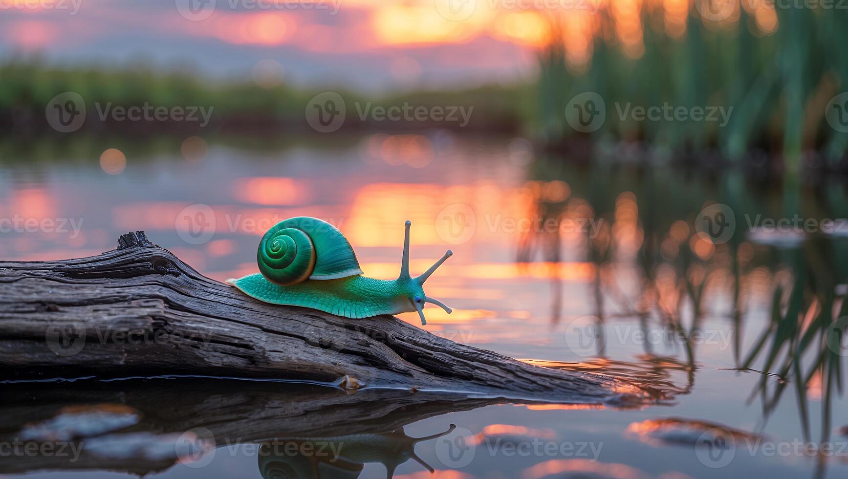 Snail Exploring Log at Sunset Over the Water's Edge photo