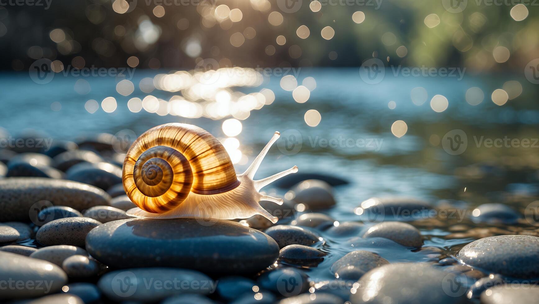 Snail Crawling on River Rocks with Sunlight Reflecting on Water photo