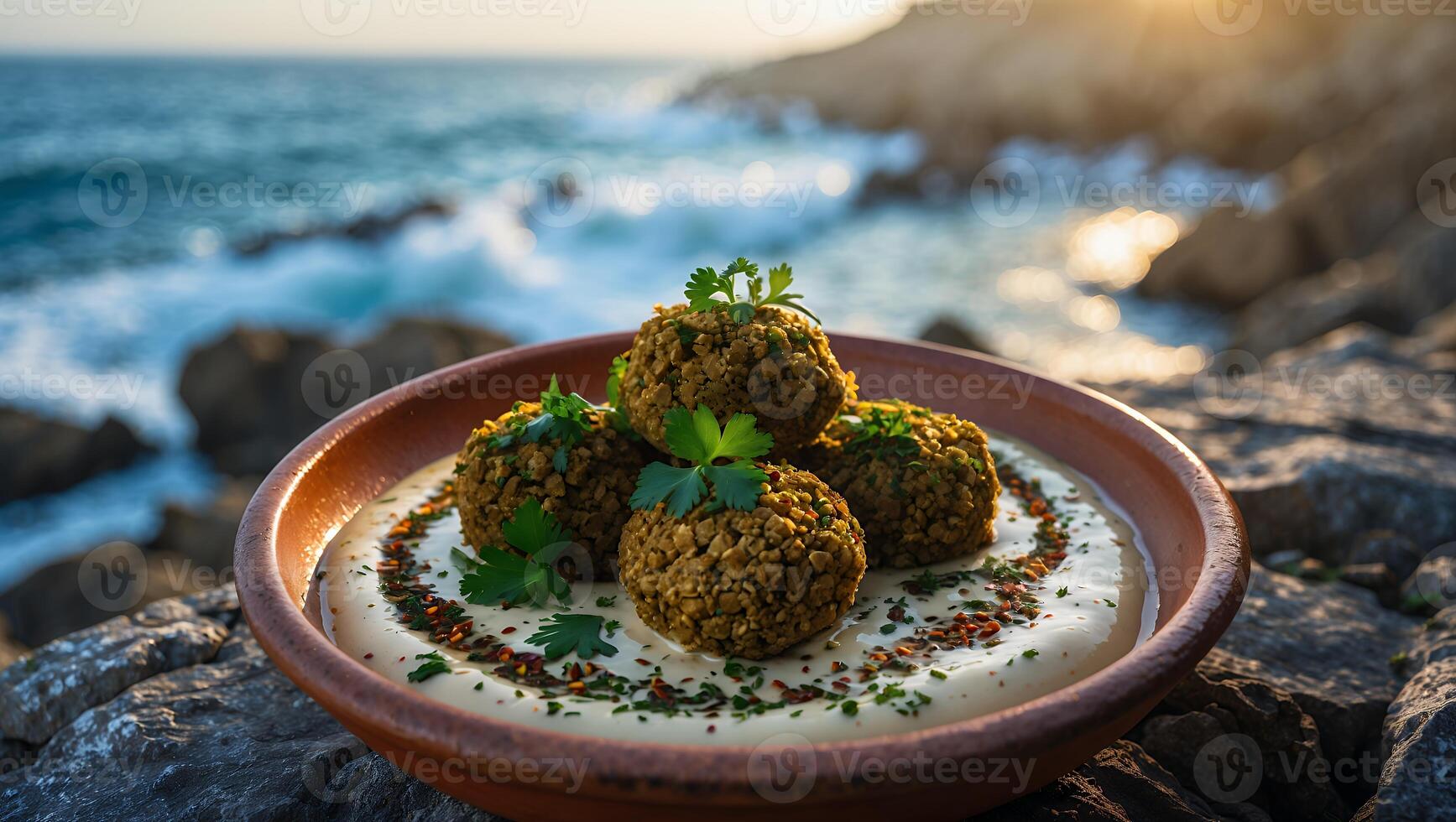 Serving Falafel on Creamy Sauce with Parsley by the Ocean photo