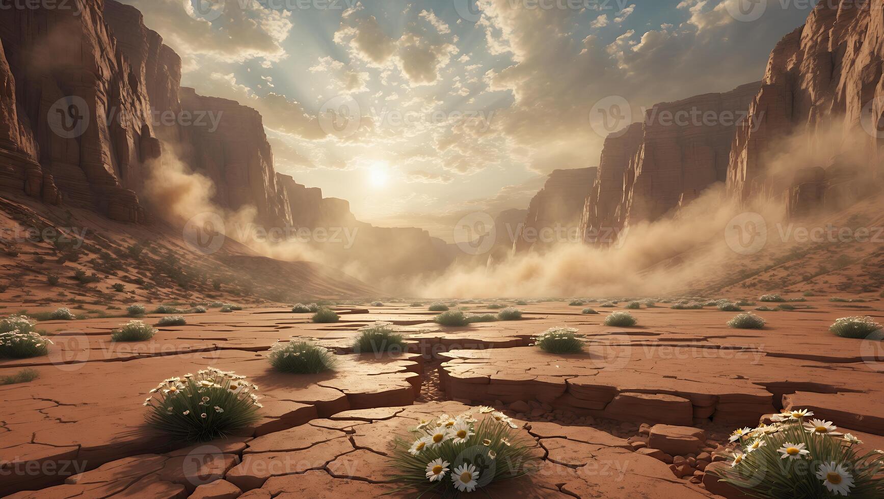 Desert Canyon Landscape with Cracked Ground and Wildflower Accents photo
