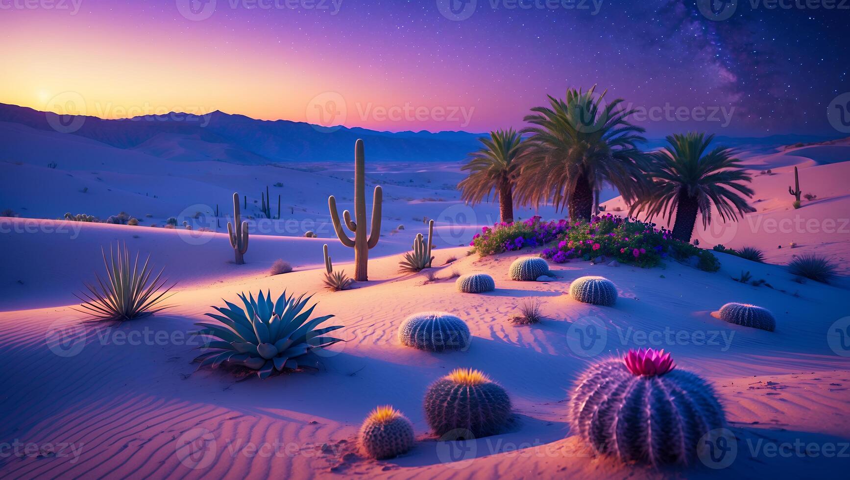 Desert Landscape at Dusk Featuring Cacti and Palm Trees Scenery photo