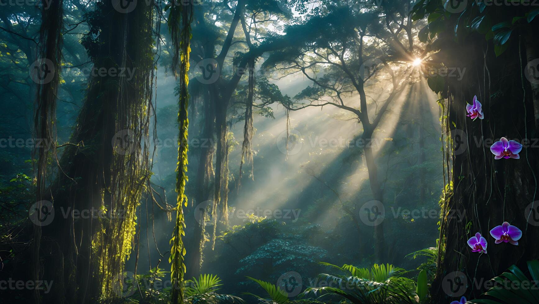 Sun Rays Through Lush Jungle Canopy with Hanging Vines and Orchids photo