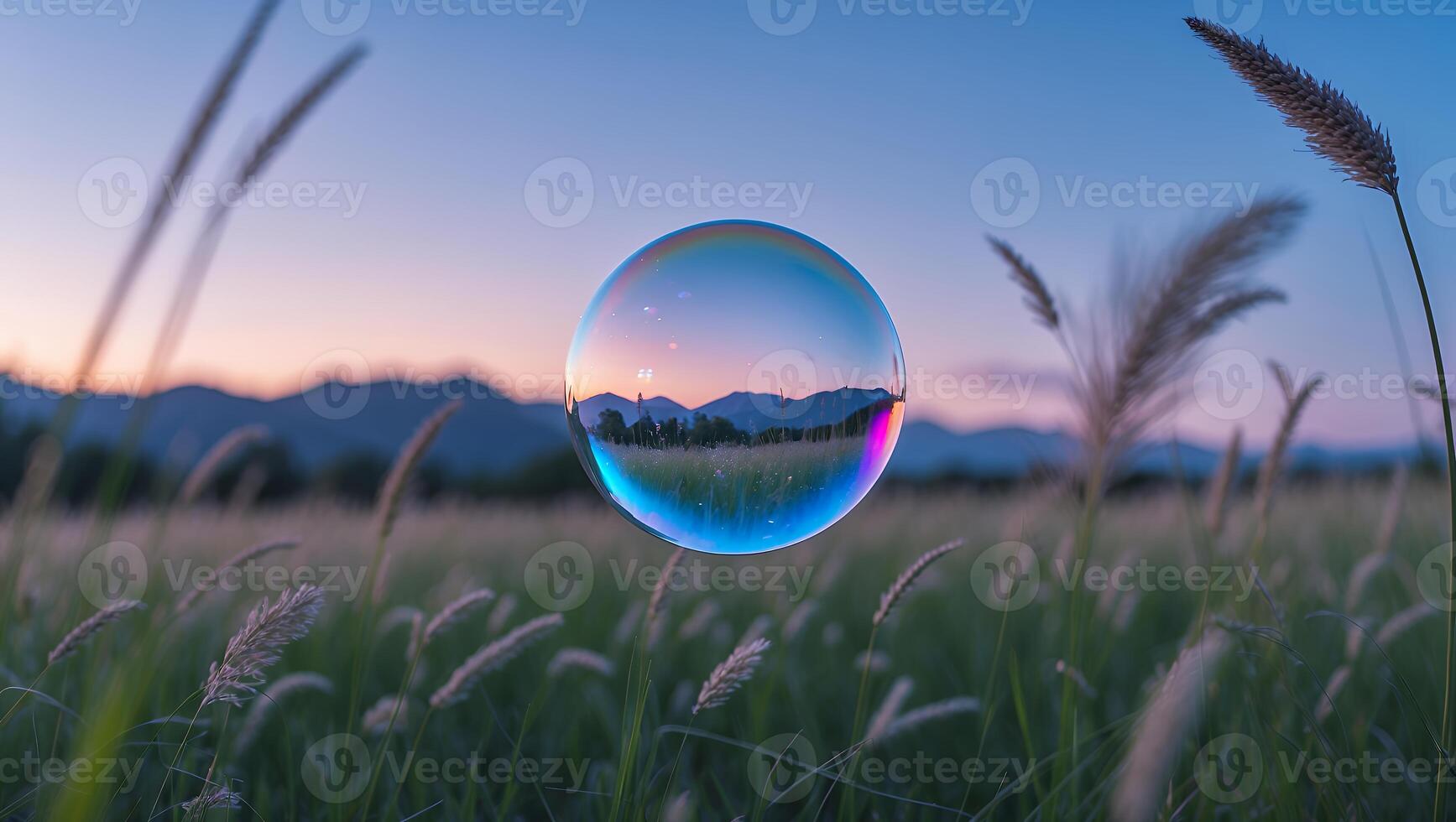 Floating Soap Bubble Reflecting Field and Mountain at Dusk Serenity photo