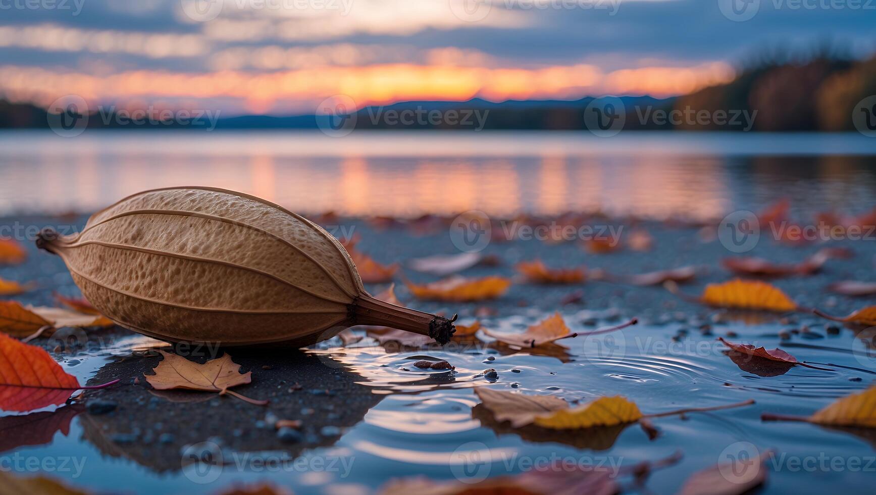 Seed Pod Resting by Calm Lake at Sunset Surrounded by Leaves photo