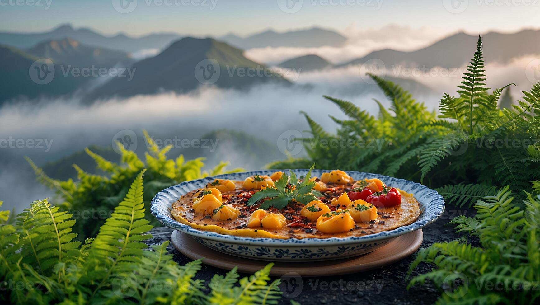 Savory Food Presentation with Mountain Scenery and Green Ferns photo