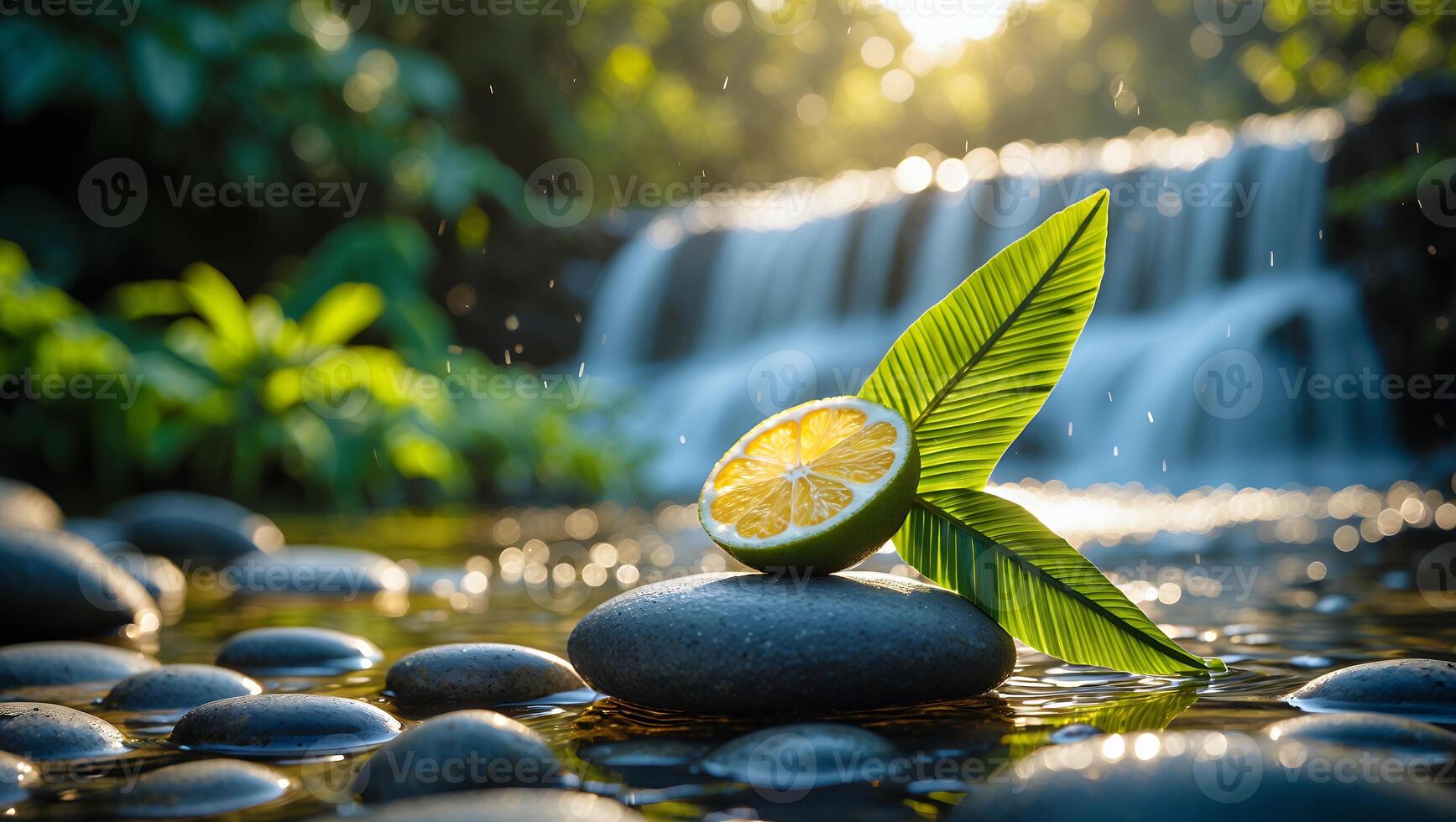 Lime Slice on Stone with Waterfall Backdrop Evokes Refreshing Spa Feeling photo