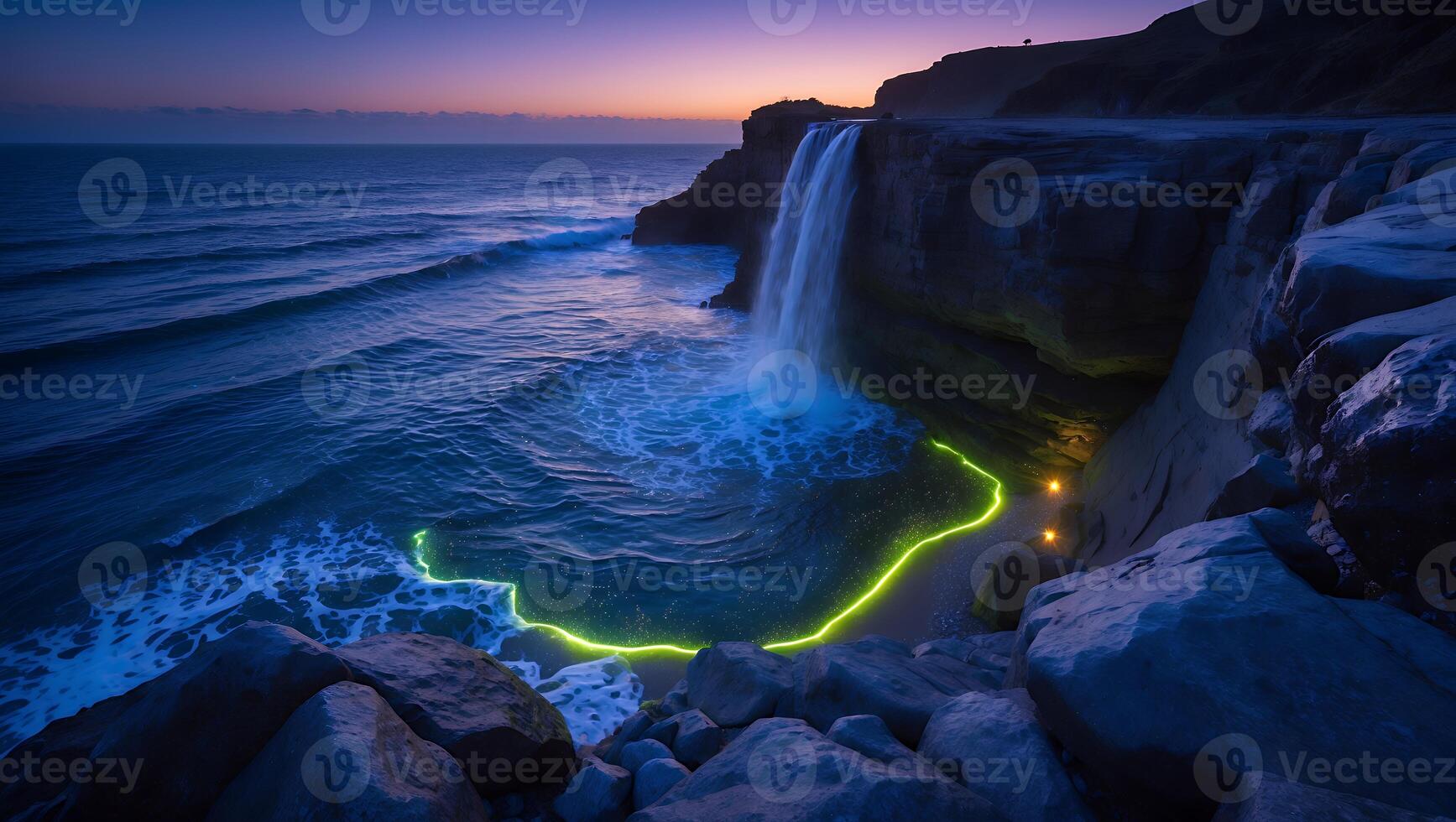 Coastal Waterfall Flowing Into Ocean Waves at Twilight with Rocks photo
