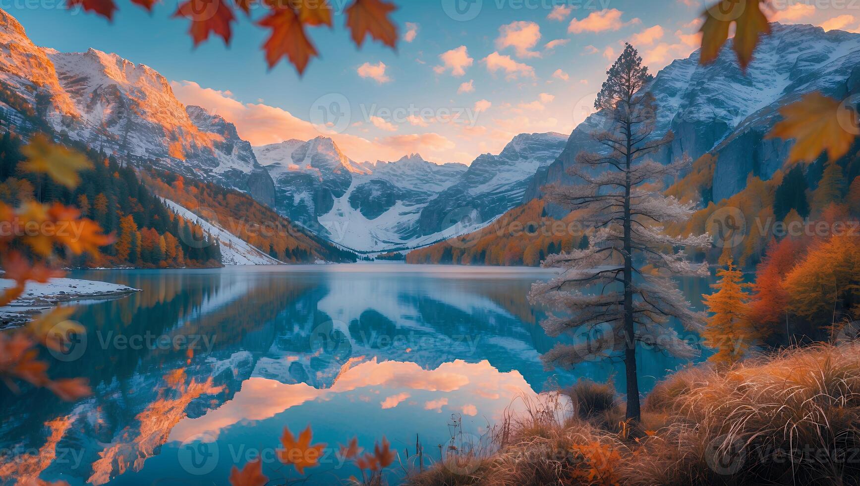 Reflecting Lake Surrounded by Autumnal Forest and Snow-capped Mountains photo