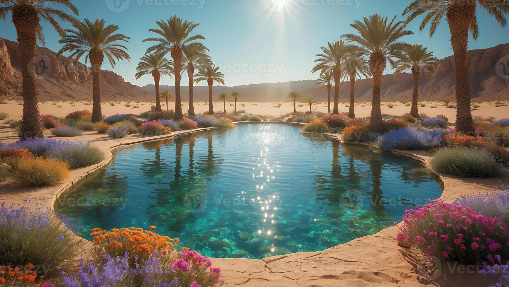 Palm Trees Oasis with Clear Water and Flowers Landscape Scene photo