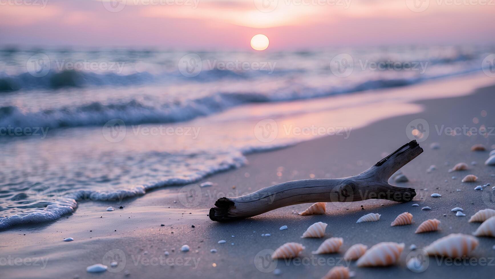 Seashells and Driftwood on Sandy Beach at Soft Sunset by the Ocean photo