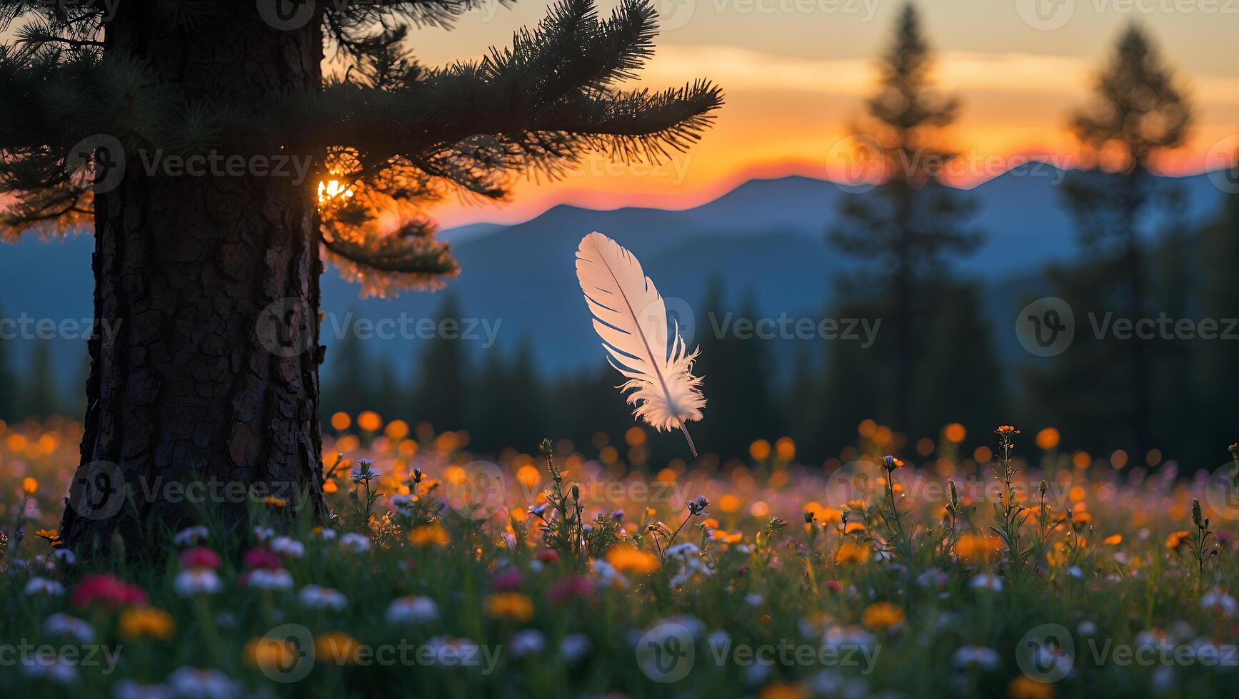Feather Floating in Meadow with Sunset Mountain Backdrop photo