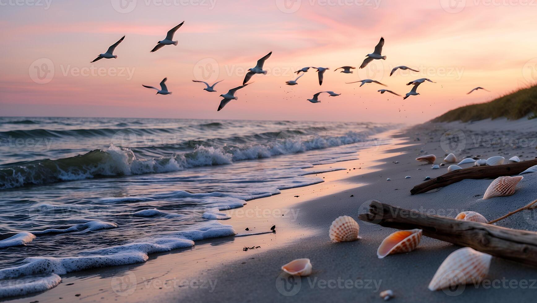 Seagulls Flying Over Beach at Sunset with Seashells and Waves photo