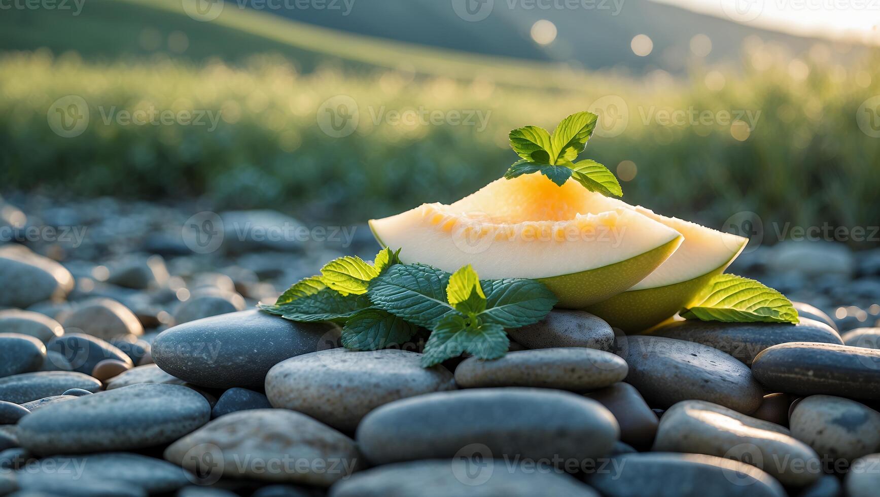 Sliced Melon with Mint Leaves on Pebble Stone Field Outdoors photo