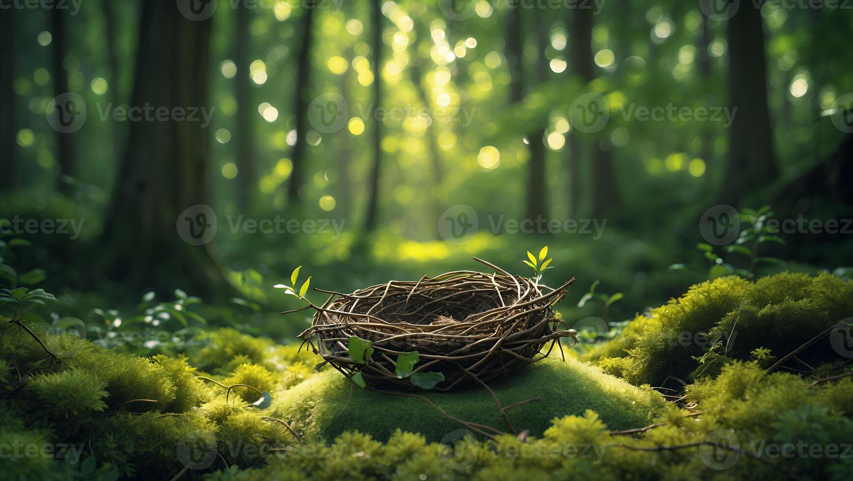 Empty Nest Resting in a Mossy Forest Floor with Sunlight photo