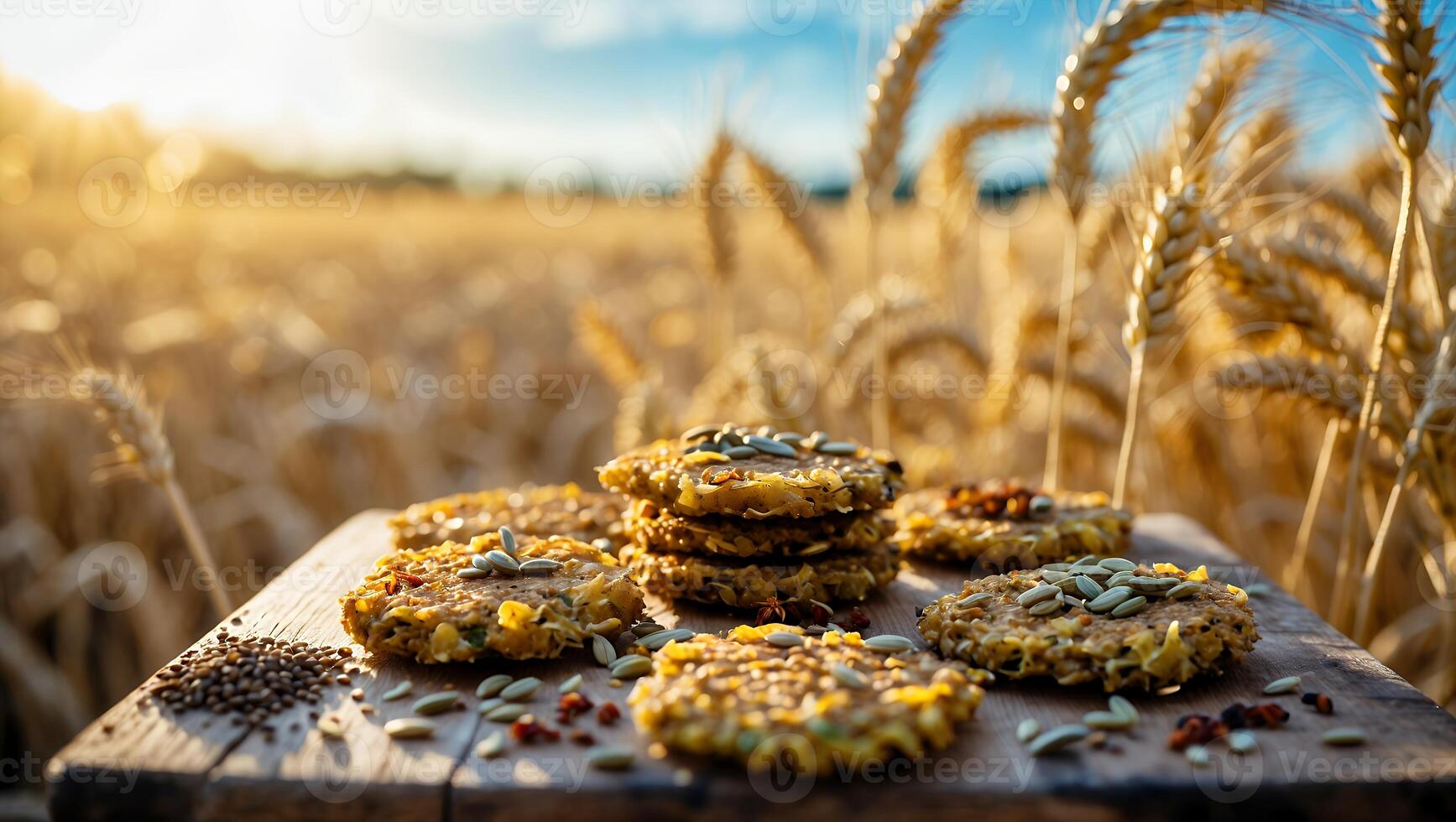 Presenting Grain Cakes on Wooden Board with Wheat Field Background photo
