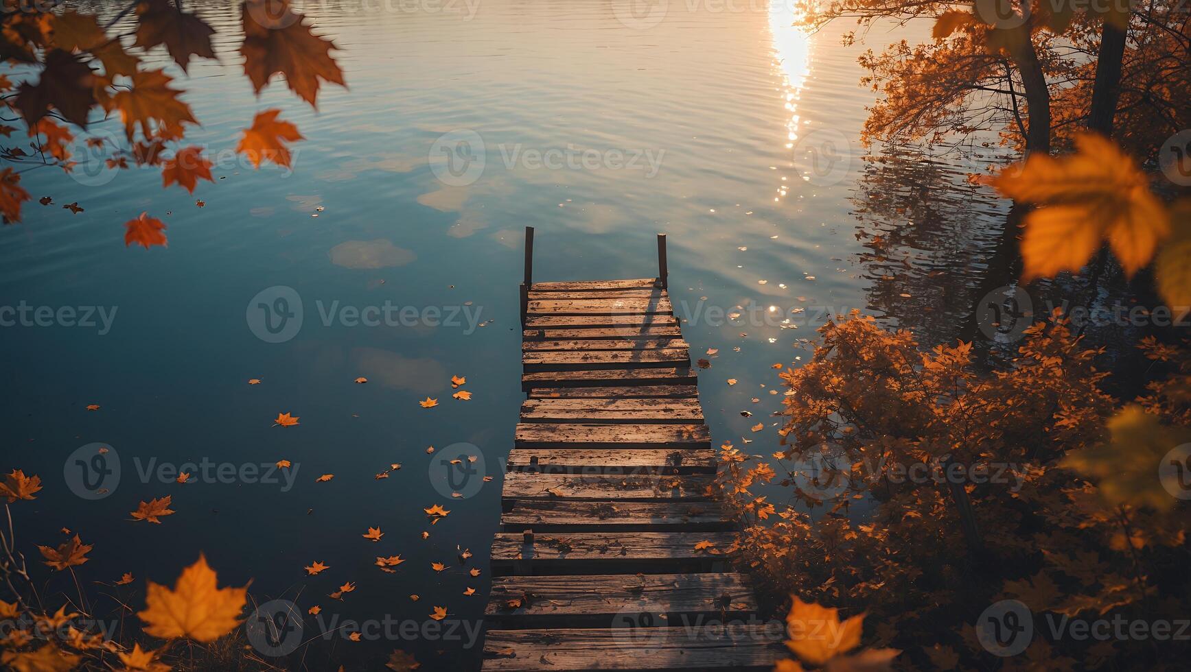 Wooden Pier Extends Into Calm Lake with Autumn Leaves at Sunset photo