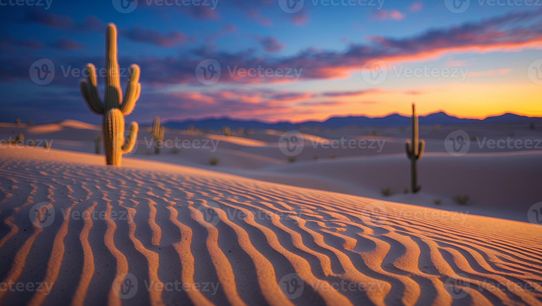 Cactus in Desert at Sunset with Sand Dunes and Colorful Sky photo