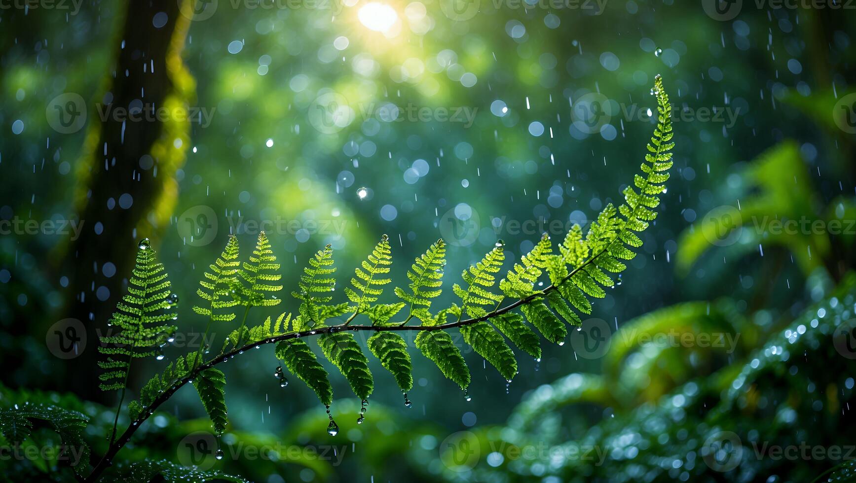 Fern Frond in Lush Forest with Rain and Bokeh Sunlight photo