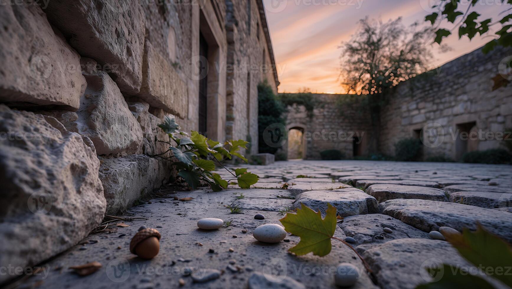 Walking Through Stone Courtyard with Leaf and Acorn at Sunset photo