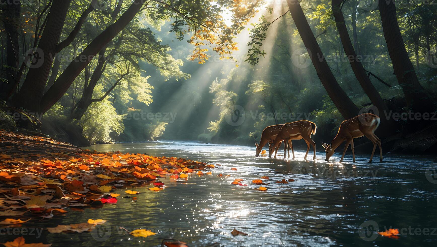 Deer Drinking Water in Forest River with Autumn Leaves and Sunlight photo