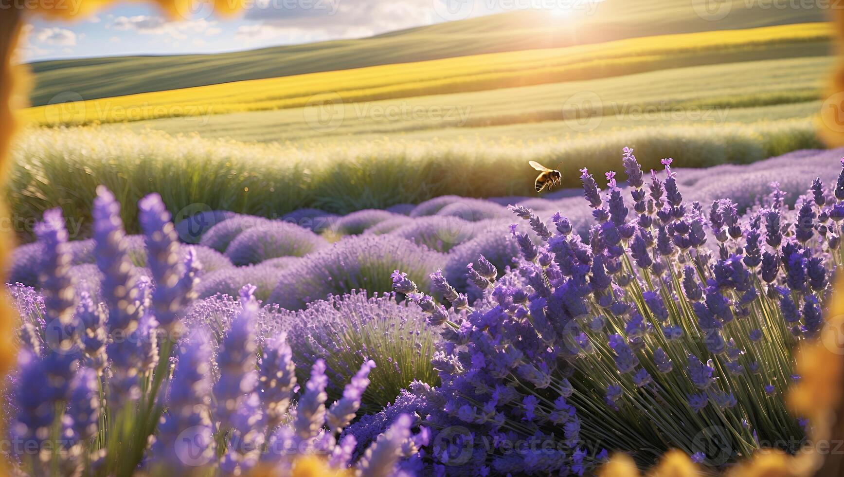 Lavender Field with Flying Bee and Sunlight Shining on Rolling Hills photo