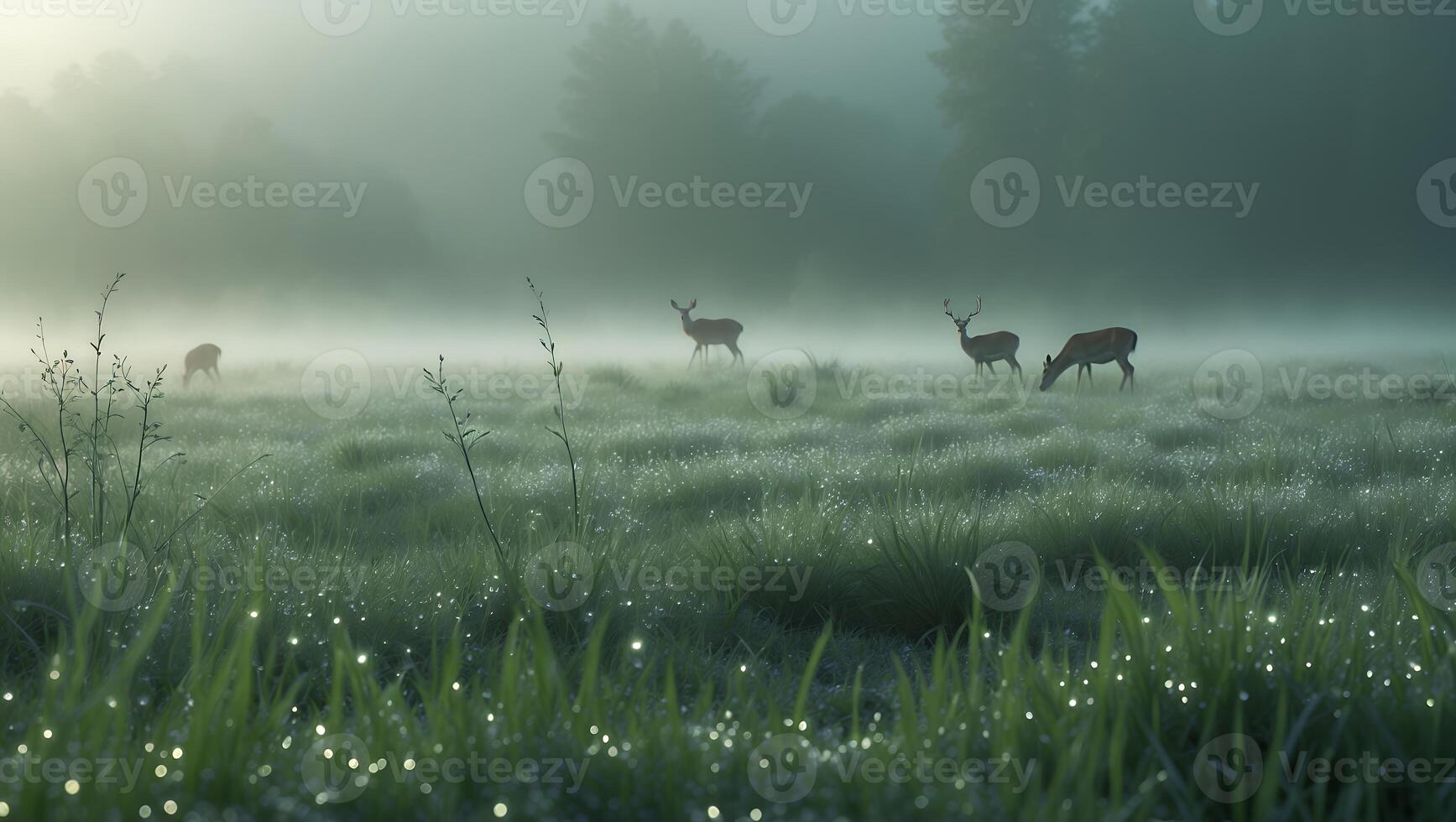 Deer Grazing in Foggy Meadow at Dawn with Water Droplet Details photo