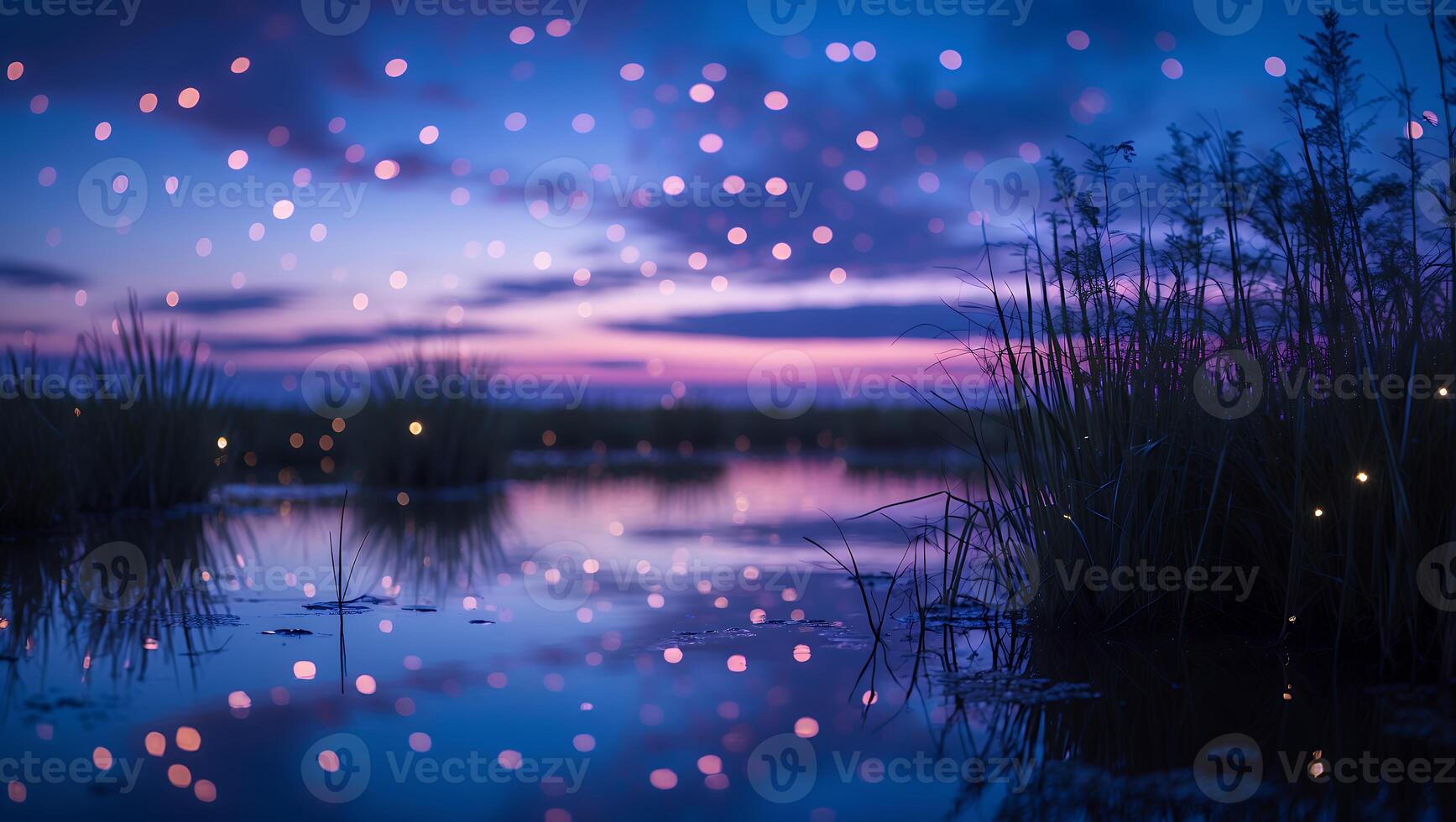 Reflecting Pond at Twilight with Purple Sky and Bokeh Lights photo