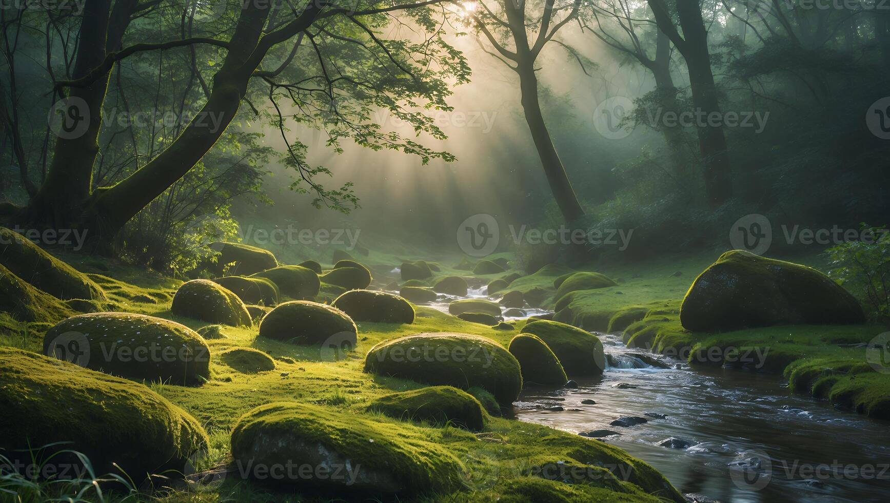 Stream Flowing Through Mossy Rocks in Forest with Sun Rays photo