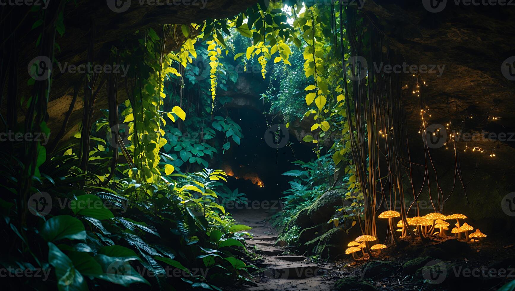 Glowing Mushrooms and Lush Greenery Surround Cave Entrance Landscape photo