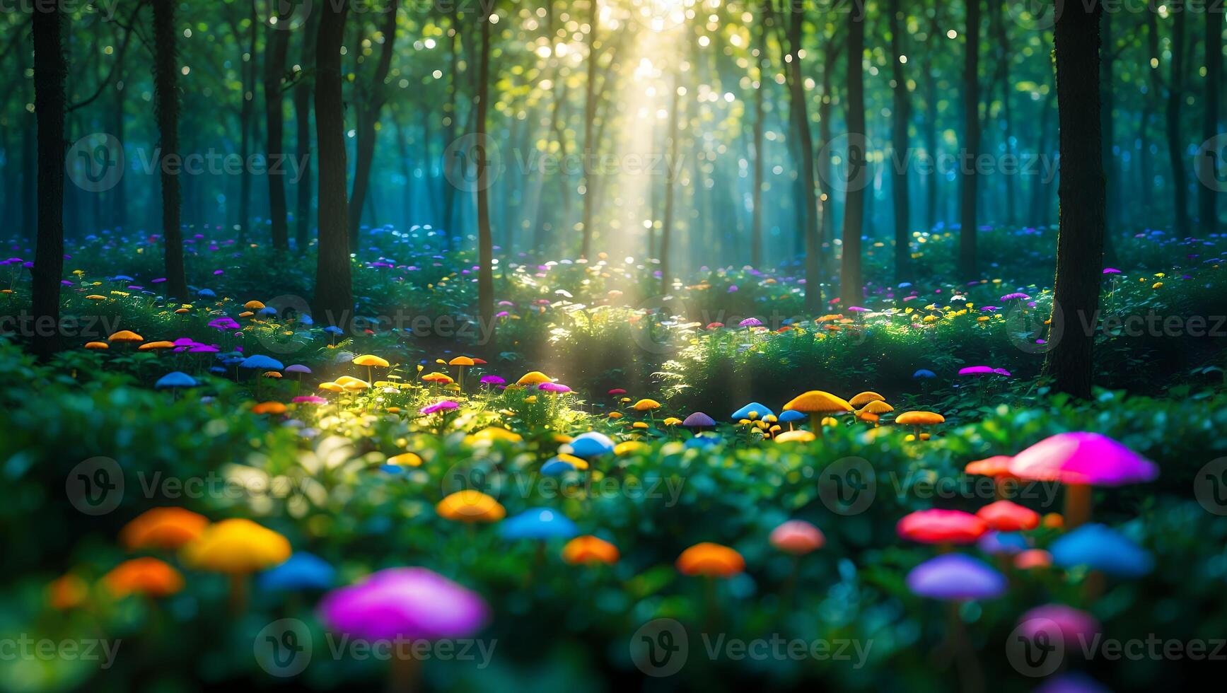 Colorful Mushroom Field in Forest with Sunlight Streaming Through Trees photo