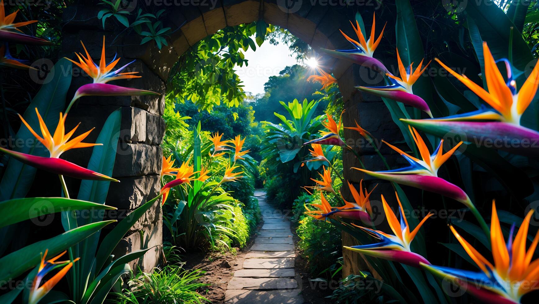 Walking Path Through Lush Garden with Bird of Paradise Flowers photo