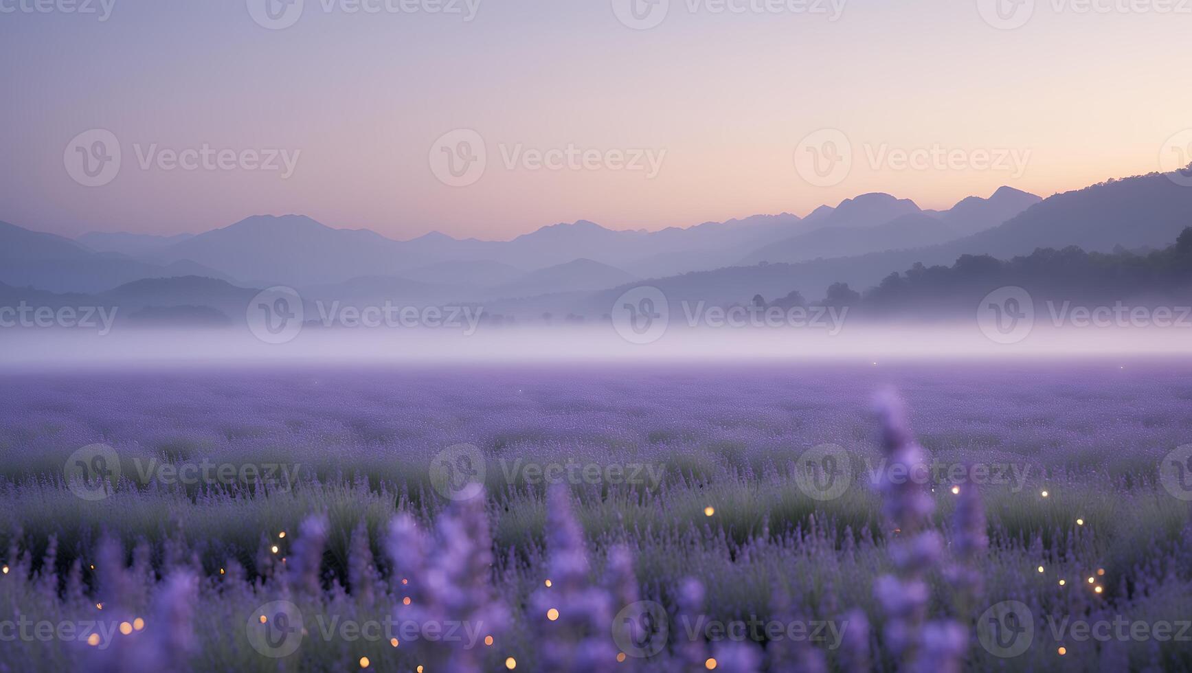 Lavender Field in Foggy Valley at Dusk Serene Landscape View photo
