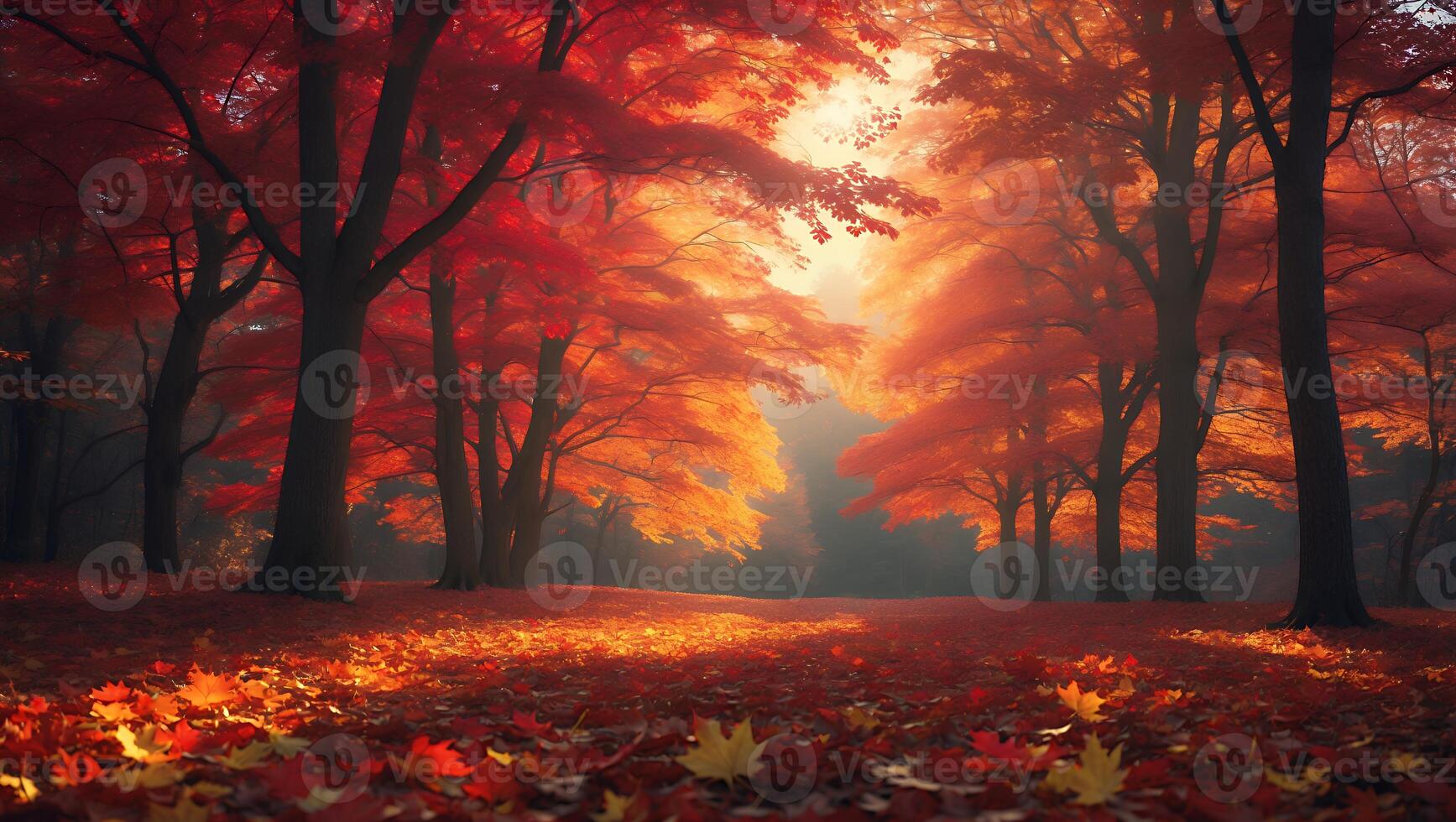 Vibrant Autumn Forest Scene with Sunlight Filtering Through Red Leaves photo