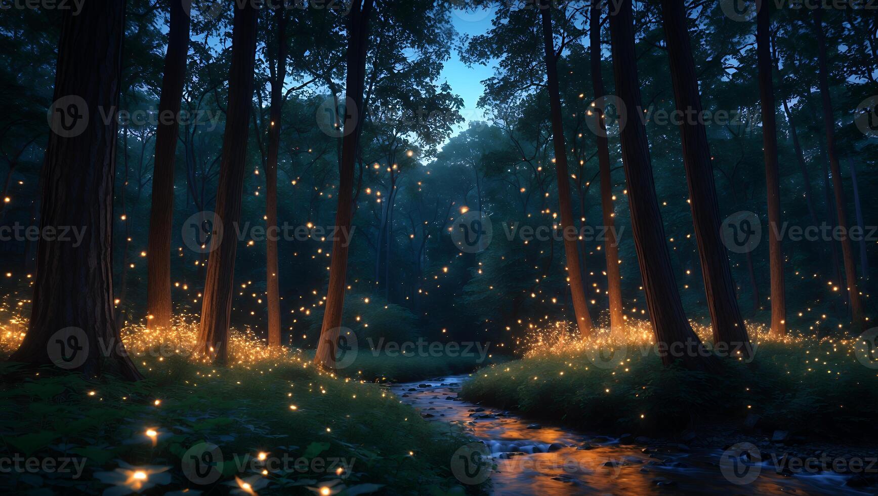 Glowing Lights Illuminate a Forest Stream at Night Creating Magic photo