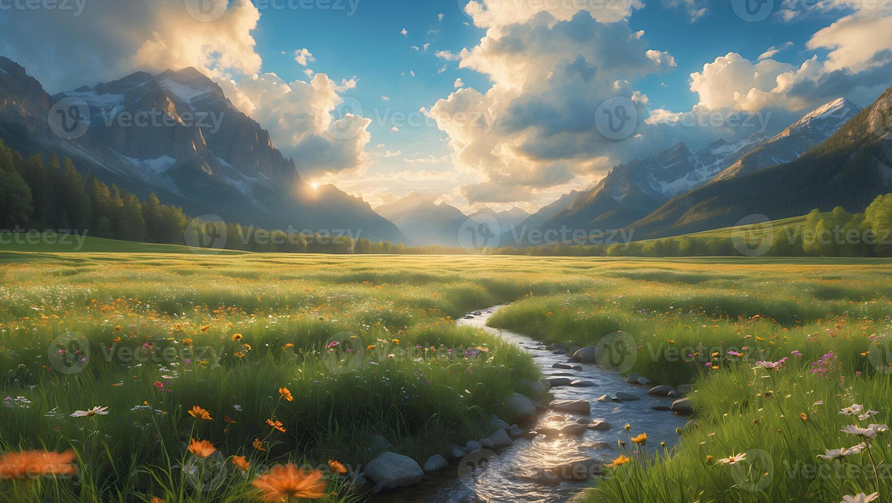 Stream Flowing Through Meadow Towards Mountains Under a Cloudy Sky photo