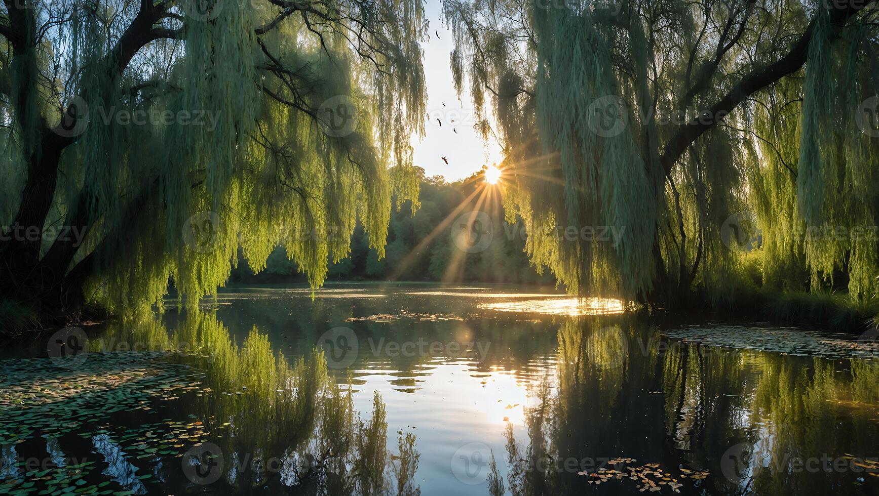 Reflecting Sunlight Over a Pond with Willow Trees and Lilypads photo