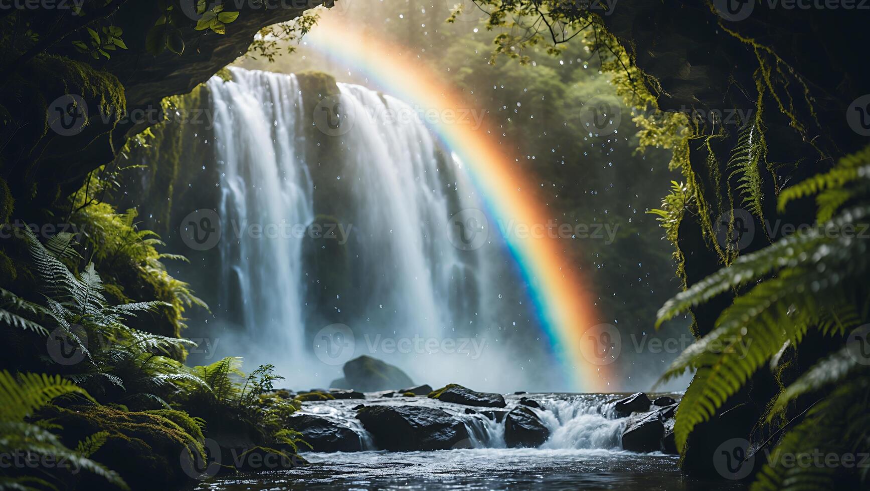 Waterfall with Rainbow Emerging in Lush Green Forest Setting photo