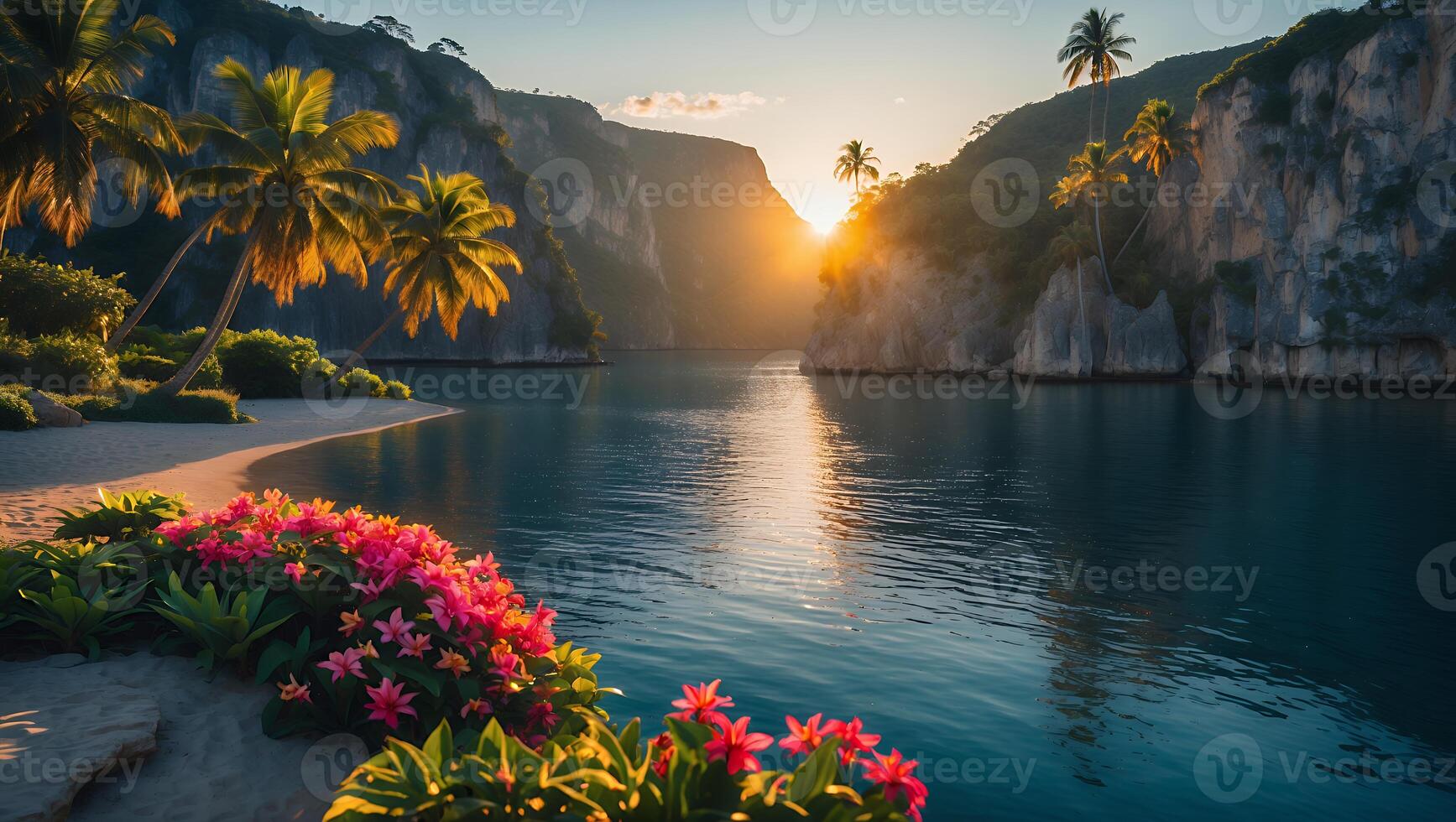 Island Lagoon at Sunset with Palm Trees and Pink Flowers photo