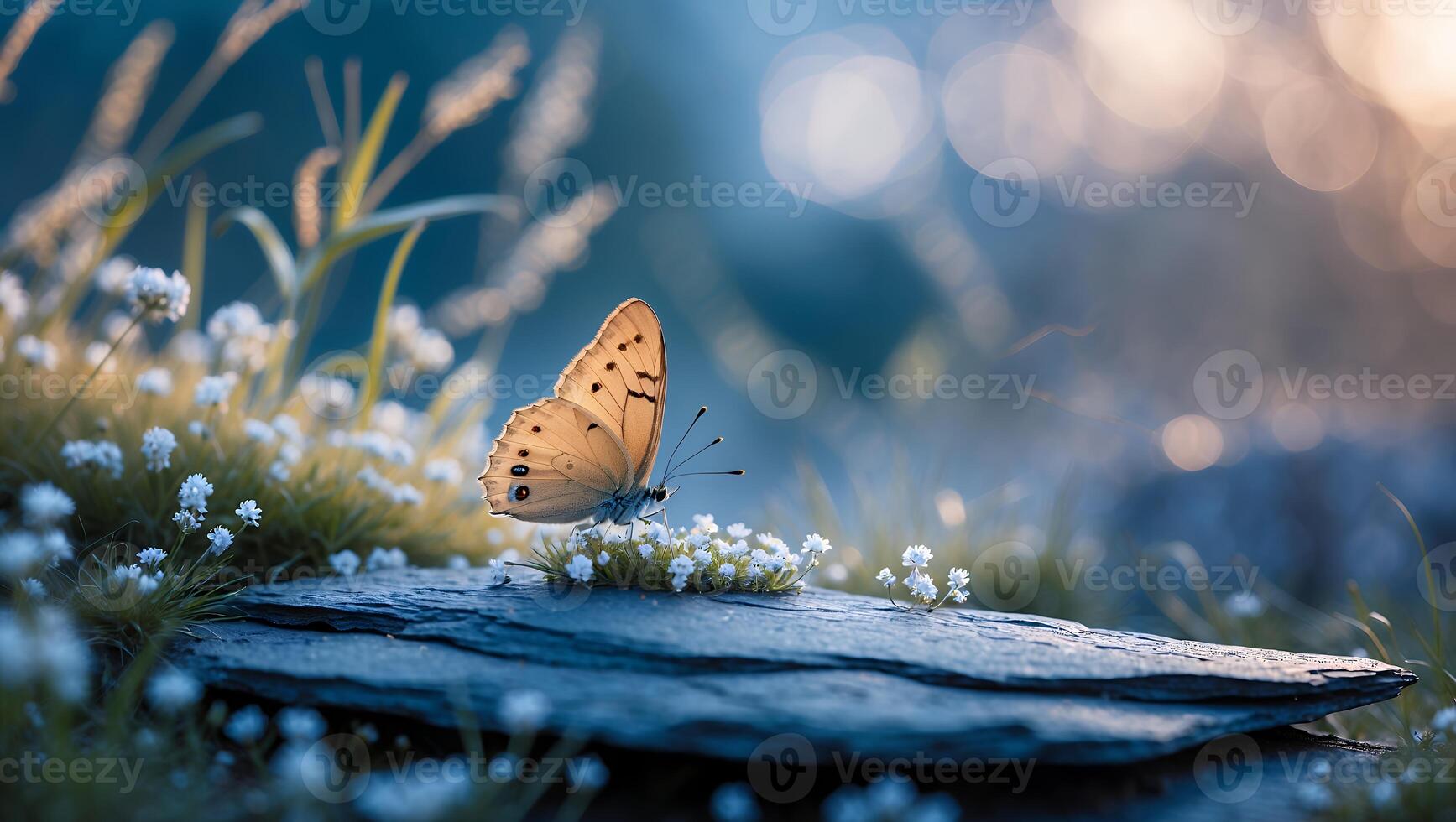 Butterfly Resting on Stone Slab Surrounded by Wildflowers in Dreamy Sunlight photo