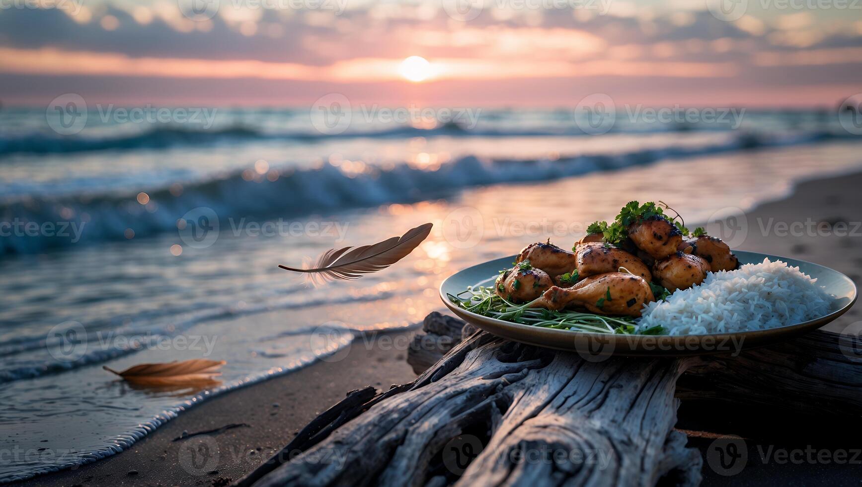 Chicken and Rice on Beach at Sunset Perfect Coastal Dining photo