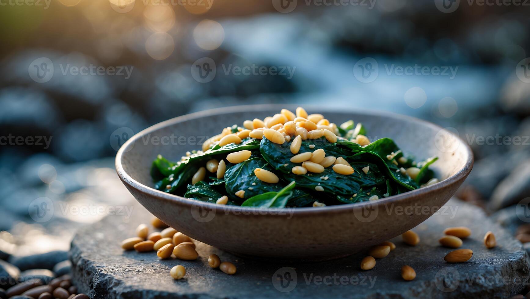 Spinach Salad with Pine Nuts in a Bowl by Stream photo
