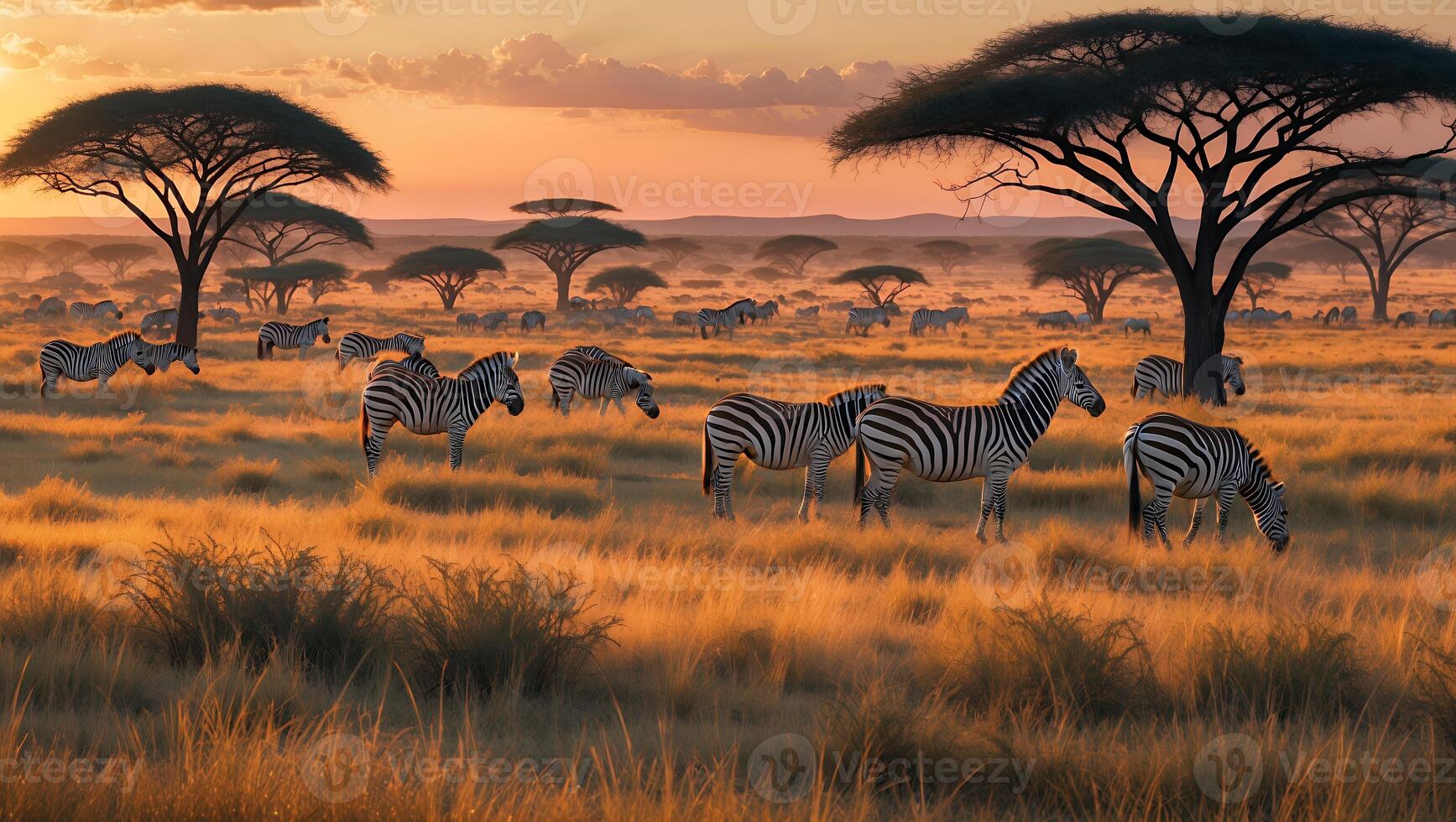 Zebra Grazing in African Savanna at Sunset with Golden Light photo