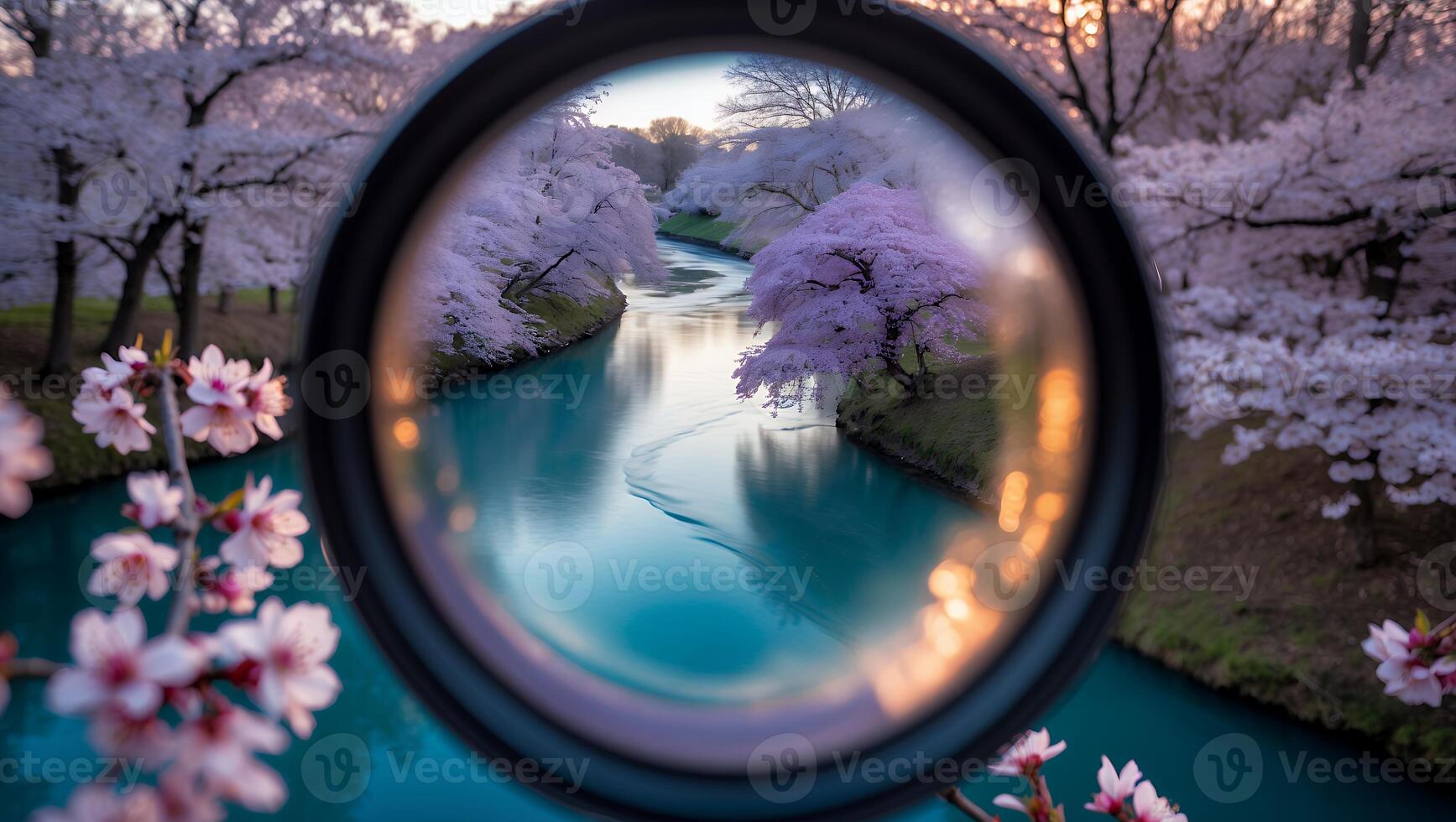Cherry Blossom Trees Reflecting in Tranquil River Through a Lens photo