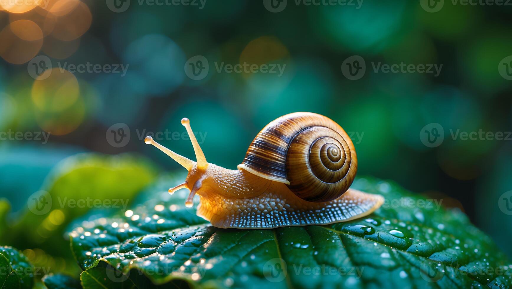 Snail Crawling on Green Leaf with Water Droplets in Garden photo