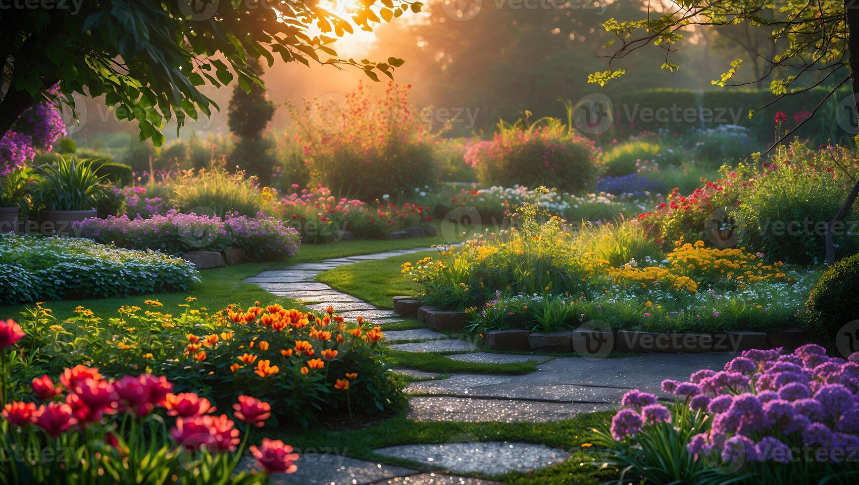 Walking Path Through Beautiful Flower Garden at Sunrise or Sunset photo
